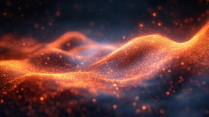 Poster - Glowing orange waves of particles illuminated in a dark space atmosphere at twilight