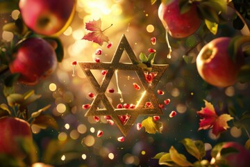 Golden Star of David with apples, pomegranates, and autumn leaves, bathed in warm light, representing Rosh Hashanah and harvest abundance. ai