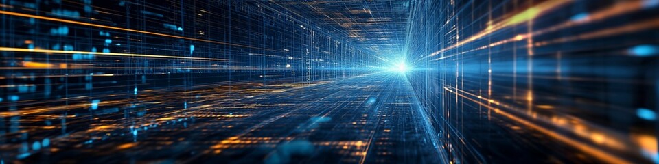 Poster - Futuristic digital corridor illuminated by blue and orange light in a high-tech environment