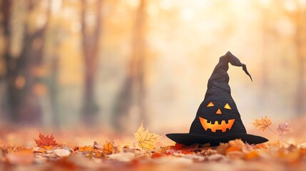 A playful black witch hat with a carved pumpkin face amidst autumn leaves in a sunny forest.