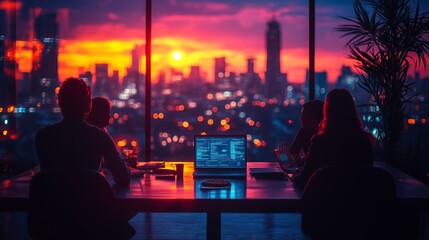 Poster - a group of professionals collaborates at sunset in a modern office overlooking a vibrant city skylin