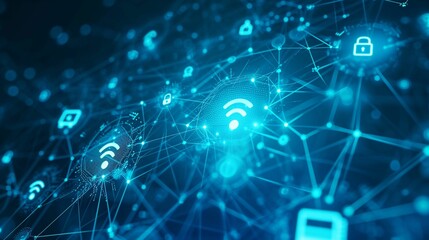 Poster - Digital network connections highlighting Wi-Fi symbols and security icons in a dark technological landscape