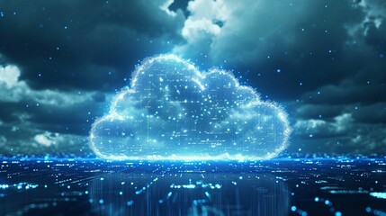 Poster - Digital cloud loaded with data particles over a futuristic cityscape under dark clouds at twilight