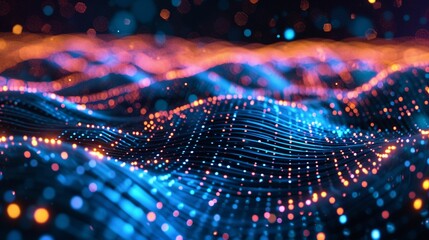 Poster - Vibrant digital waves with glowing particles in a dark background