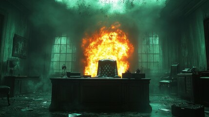 Wall Mural - Burning Office, Flames Engulfing the Chair