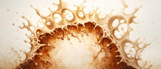  A tight shot of a brown-and-white liquid with swirling patterns against a pristine white backdrop, featuring a central black speck