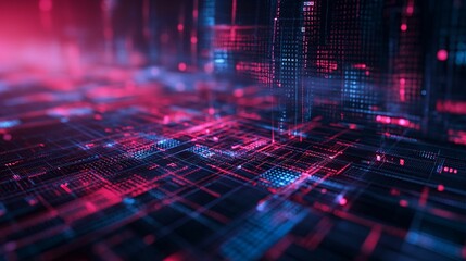 Poster - Abstract digital landscape with glowing grid patterns in blue and red tones