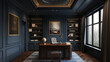 © Tatiana - Dark blue wall with dark wood paneling, a classic art painting on the left side of a picture frame hanging above a desk in front of a bookcase, an intricate ceiling design