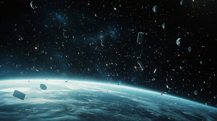 space debris flies in space near the planet