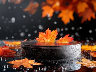 round autumn podium on black background with autumn leaves for presentation of goods, photo, advertising, marketing