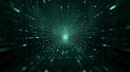 Poster - Abstract digital tunnel with glowing particles in a dark green background