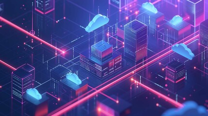 Poster - Futuristic city skyline with glowing clouds and digital infrastructure at night