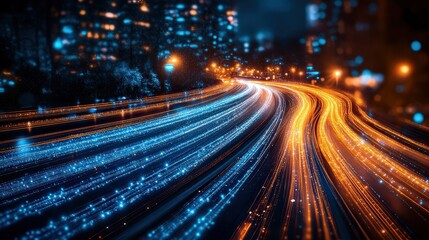  City lights blur into streaks of blue and orange as traffic rushes down highway at night, creating a vibrant, fast-paced energy.