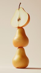 A stack of pear slice fruit balancing on top with solid background