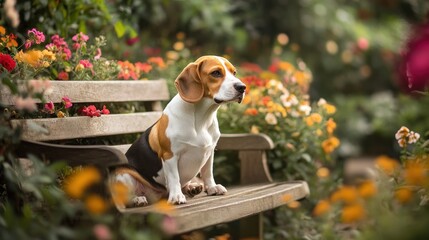 A beagle sitting on a bench surrounded by colorful flowers in a serene garden setting.