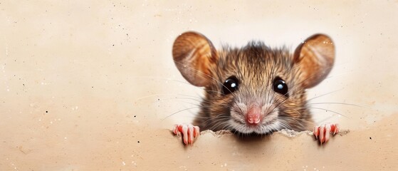 Wall Mural -  A mouse's face peaks from a hole in the wall, its front paws gripping the edge