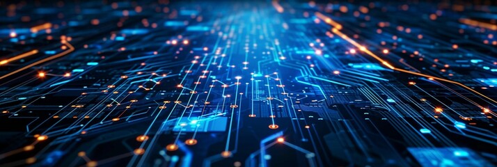 Poster - Digital circuit pathways illuminated with blue and orange lights in a futuristic setting
