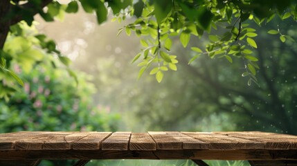 Canvas Print - Brown table in green nature background with copy space for product display mockup. Natural and spring product concept.