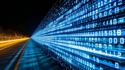 Poster - Digital data streams flowing alongside a highway at night with glowing blue binary numbers