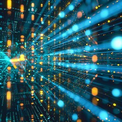 Aufkleber - Vibrant digital data flow with bright blue and orange lights in a modern abstract background