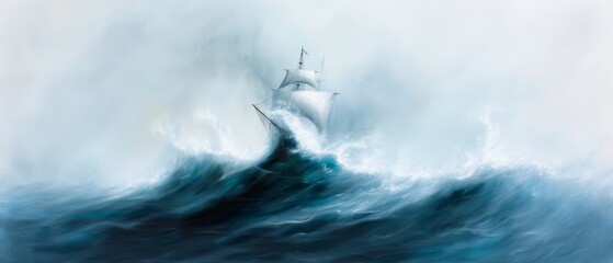 Wall Mural -  A painting of a ship in the midst of a vast body of water, featuring a towering wave in the foreground