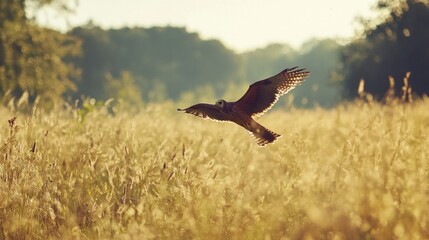 Wall Mural - A bird soaring gracefully over a sunlit field of tall grass.