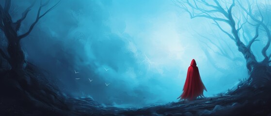 Wall Mural -  A person in a red cloak stands amidst a dark, foreboding forest