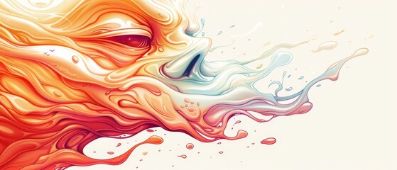 Wall Mural -  A woman's face in an abstract painting, half concealed by water cascading from the side, against a pristine white backdrop