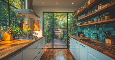 Wall Mural - Modern Kitchen with Island and Cabinets, Wooden Flooring