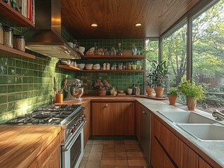 Wall Mural - Modern Kitchen with Wooden Cabinets and Green Tiles