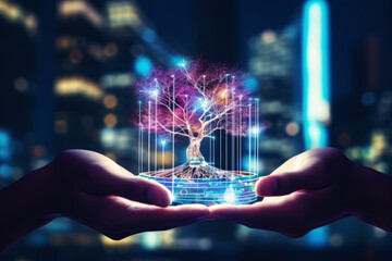 The  hands close up holding a holographic tree with glowing lights