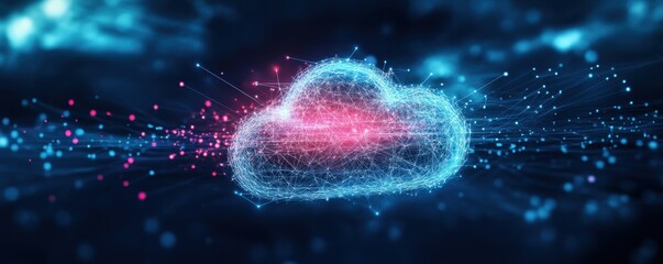 Poster - Glowing digital cloud icon with vibrant neural connections on a dark background symbolizes data storage and futuristic technology concepts