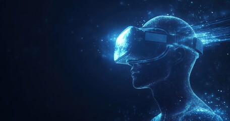 Poster - Futuristic holographic virtual reality headset glowing on a digital human form with a dark background illustrating advanced technology and immersive experiences.