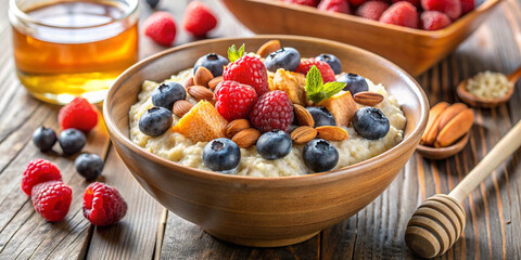 Bowl of oatmeal topped with almonds, berries, and honey, healthy brain-boosting breakfast, comforting meal