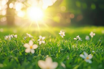 Wall Mural - White Flowers in a Meadow with Sunlight Shining Through