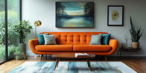 Canvas Print - Contemporary Living Room with Orange Sofa