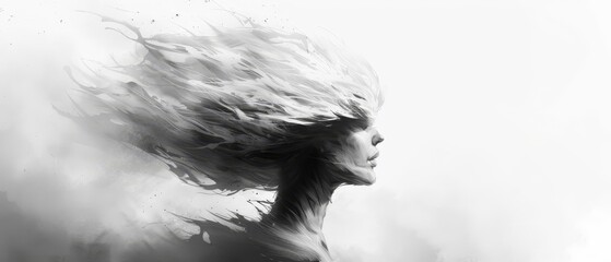 Poster -  A monochrome image of a woman's profile with wavy hair billowing in wind against a plain white backdrop