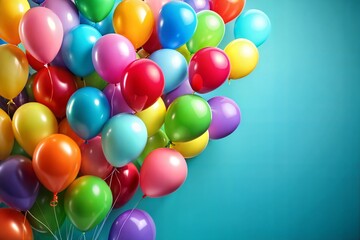 Wall Mural - Colorful cluster of balloons with blue background floating upward cheerful vibe