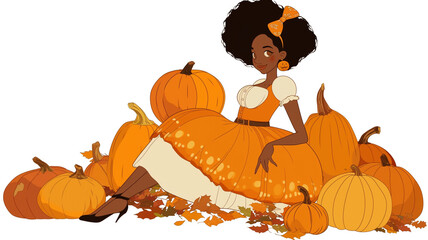 Wall Mural - A dark-skinned girl and pumpkins.