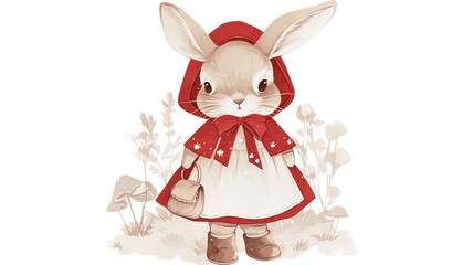 Wall Mural - A bunny in a red raincoat and a basket. watercolour. pencil.