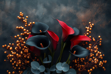 Poster - A dark floral still life with black calla lilies, deep red dahlias, and golden eucalyptus branches,