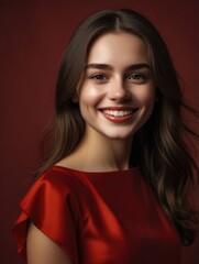 Wall Mural - Smile young brunette woman girl in a red dress isolated in a red background