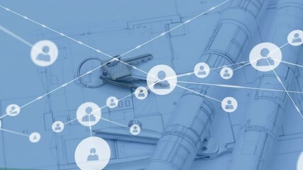 Poster - Blueprints and keys over network of connections and user icons animation