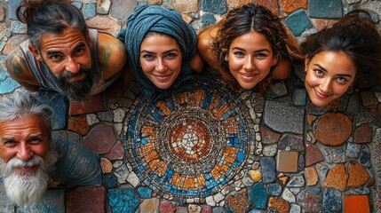 Group of Friends Smiling, Looking Up at the Camera