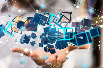 Poster - network holding in hand 3d connection data