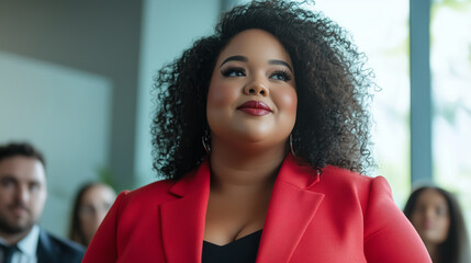 Poster - Confident plus size woman in office attire, presenting in a meeting room