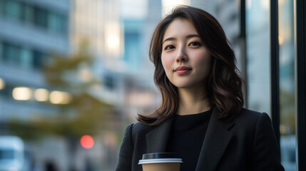 Sticker - Curvy corporate japanese woman enjoying coffee during a break outside the office