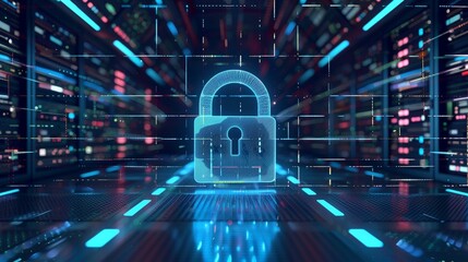 Poster - Digital padlock on a futuristic server backdrop representing cybersecurity in a high-tech environment