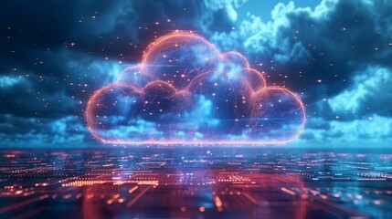 Aufkleber - Digital cloud formation with glowing circuits against a blue sky at sunset