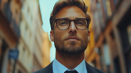 Wall Mural - A confident man stands in a narrow urban street, wearing glasses and a suit during golden hour, surrounded by historic buildings